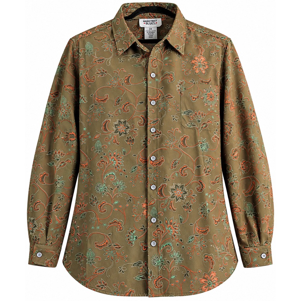 Mainstreet Blues Womens 2X Floral Paisley Button Down Shirt Olive Green Top